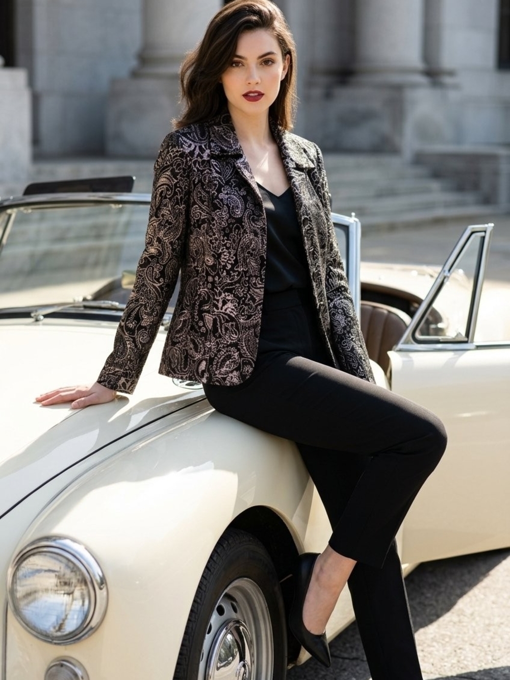 Pursuits LTD Women's Size 10 Black & Silver Paisley Snap-Front Dressy Jacket